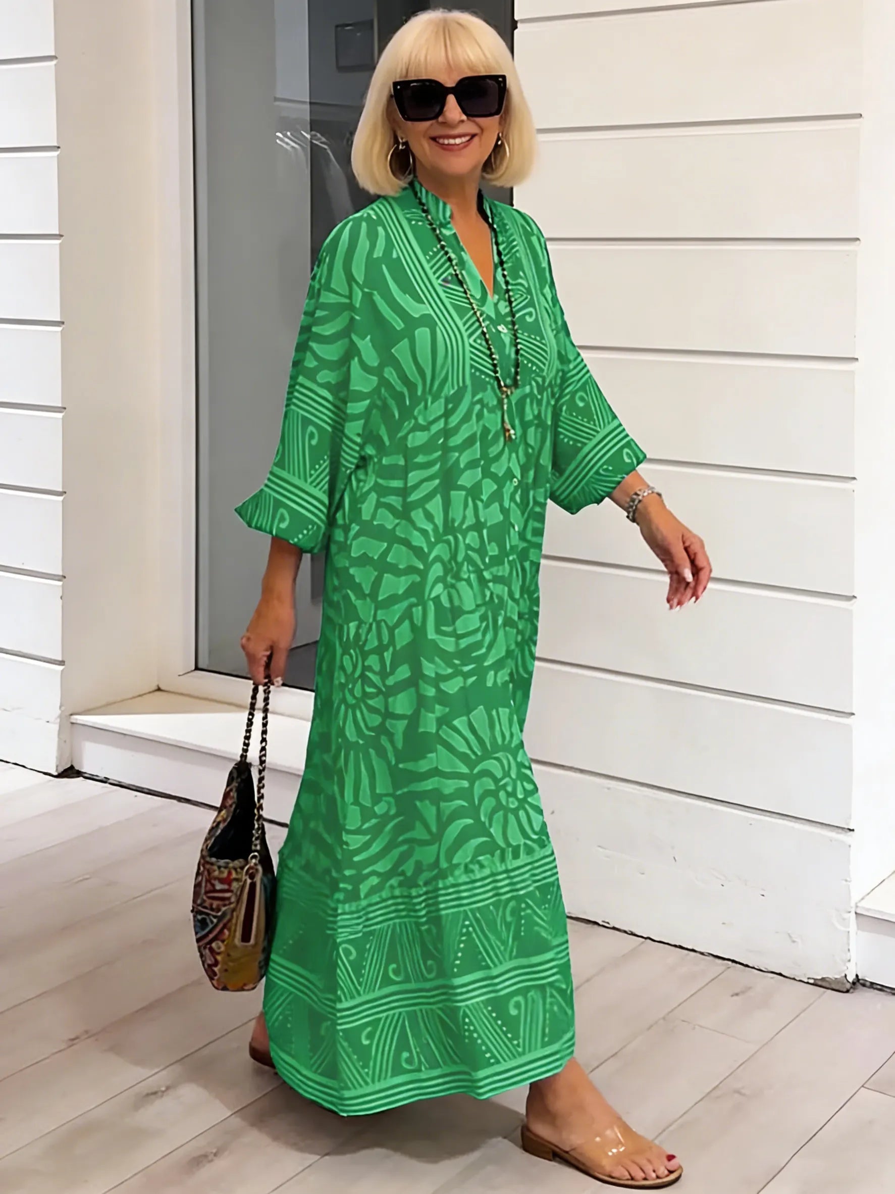 Printed Loose V-neck Flower Dress