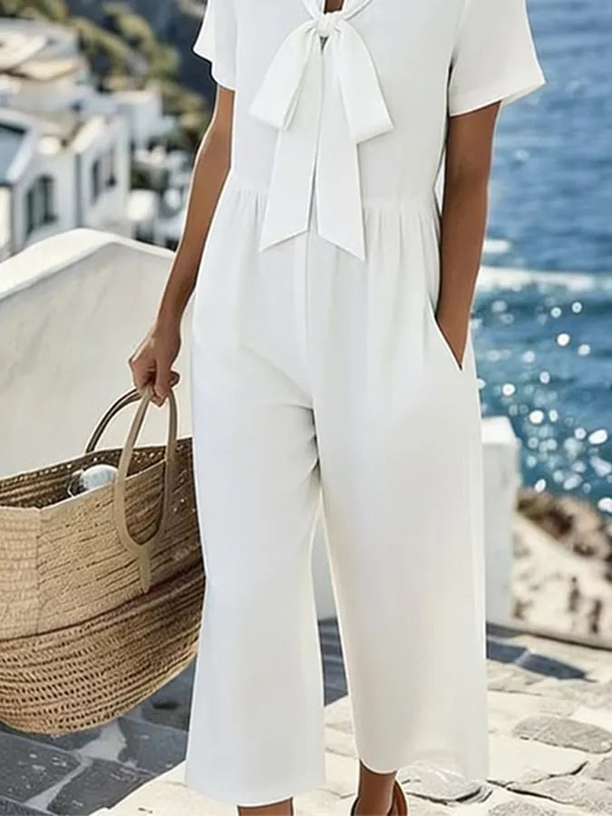 Women's Solid Color V-Neck Casual Loose Jumpsuit