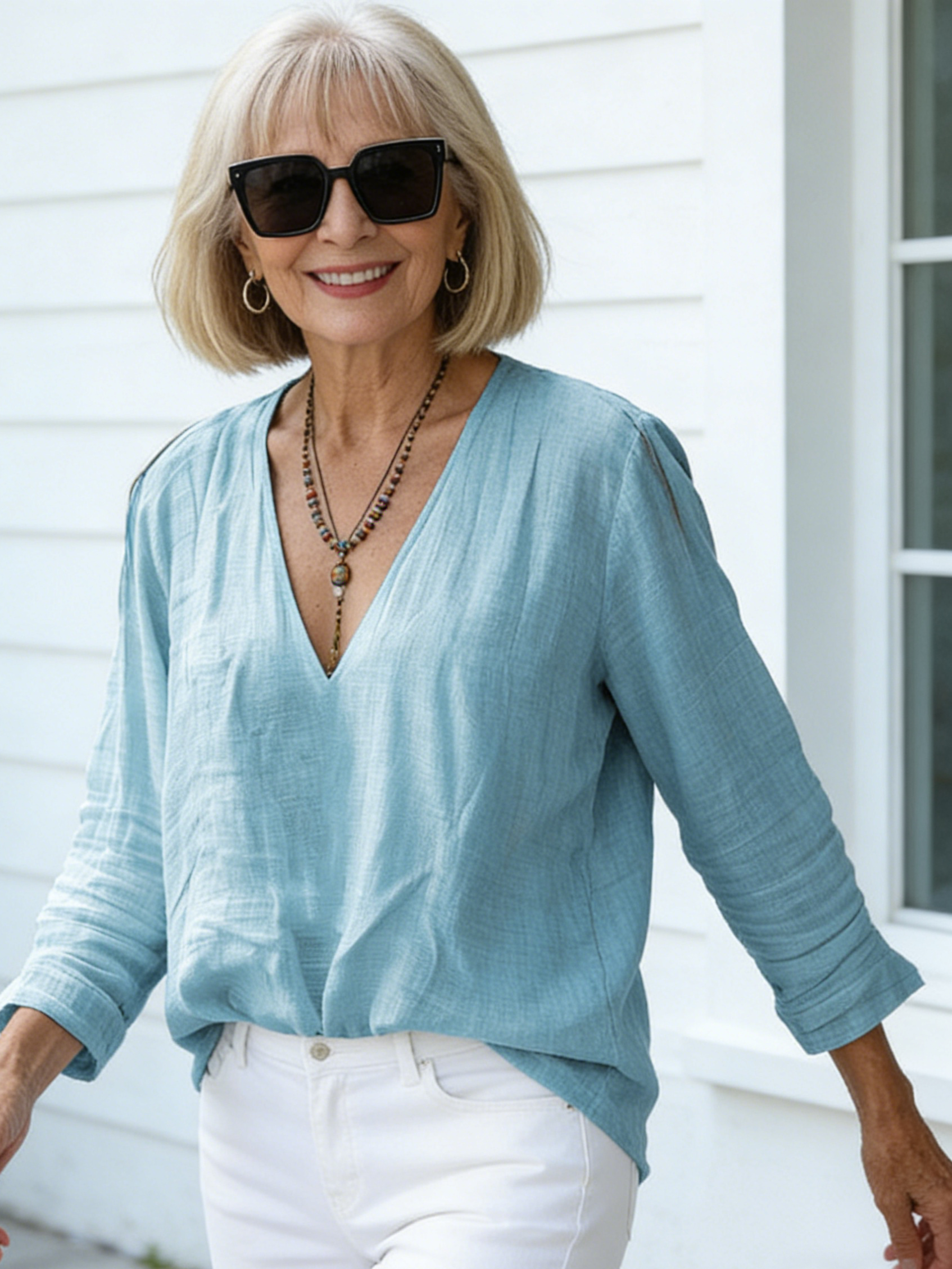 Cotton and Linen Casual V-neck Long-sleeved Loose Pullover Net Color Multi-color Women's Top