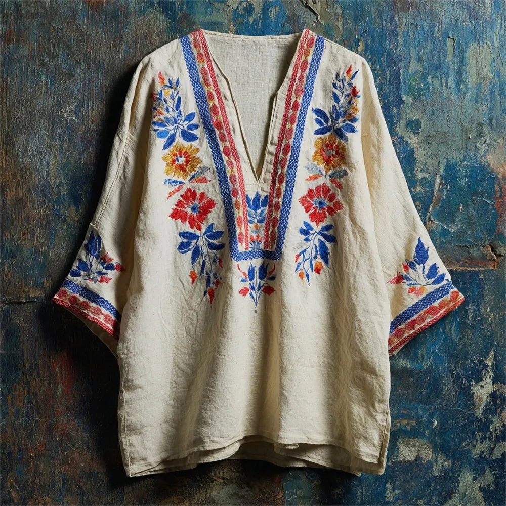 Vintage Boho Floral Embroidery Women's Linen V-neck Shirt