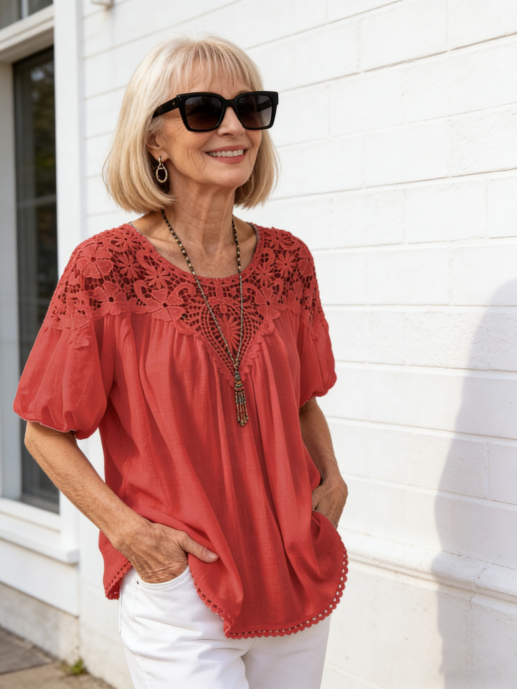 Casual Solid Color Lace Splicing Round Neck Short Sleeve Loose Women's Shirt