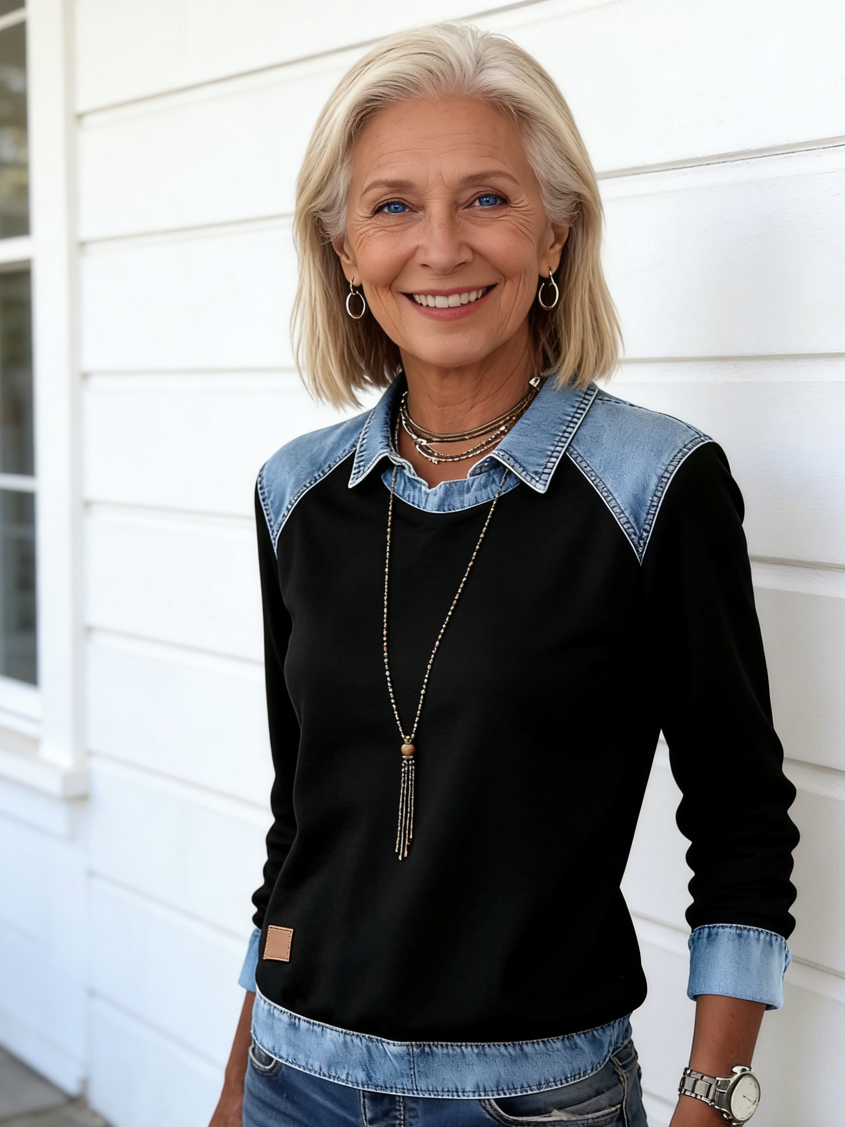 Denim Collar Long Sleeves, Pullover Stitched Knitted Sweater Top