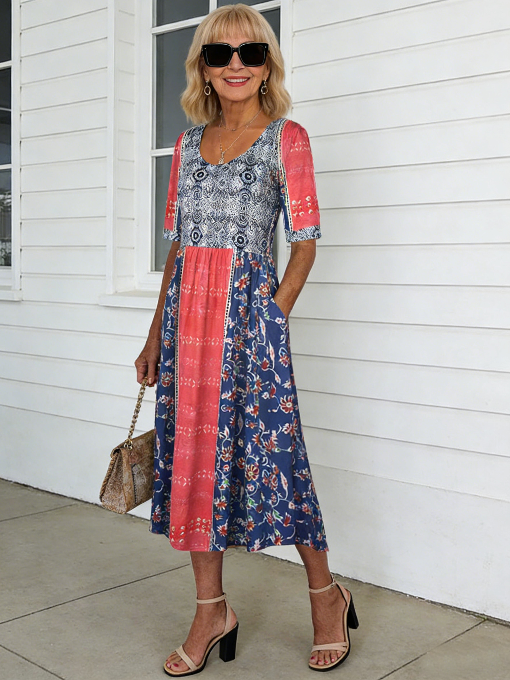 Flower Print Half Sleeve V-Neck Tunic Dress