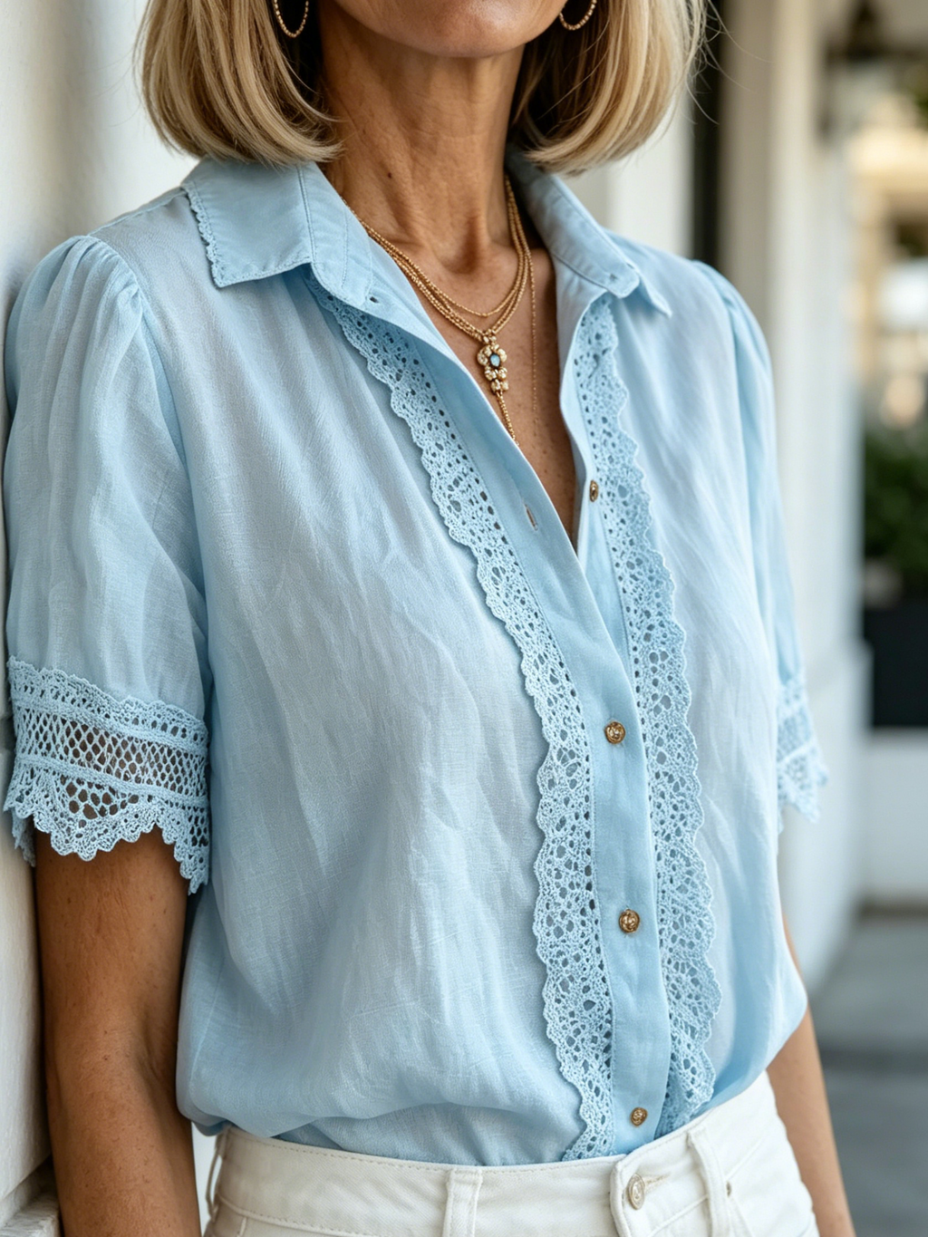 Lace Cotton and Linen Short-sleeved Casual Shirt Women