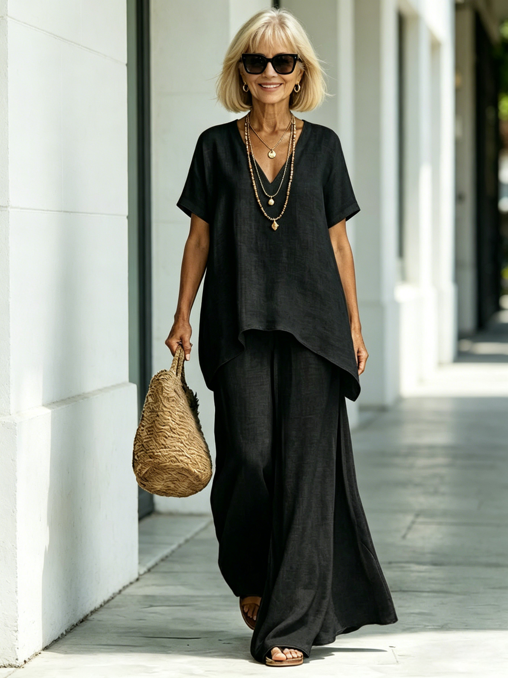 Cotton and Linen V-neck Short-sleeved Fashion Loose Top Wide-leg Pants Set