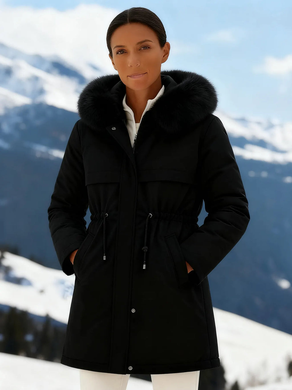 Outfits Cotton-padded Jacket Medium and Long, Large Fur Collar, Down Cotton-padded Jacket, Down Cotton-padded Jacket.