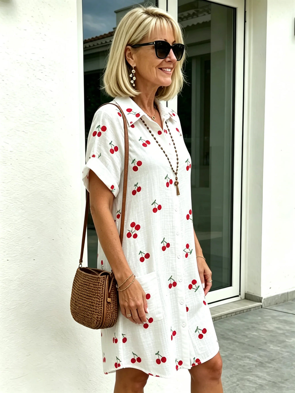 Pure Cotton Cardigan Roll-up Sleeves  Breathable Fabric Button Terracotta A-shaped Long-sleeved Dress
