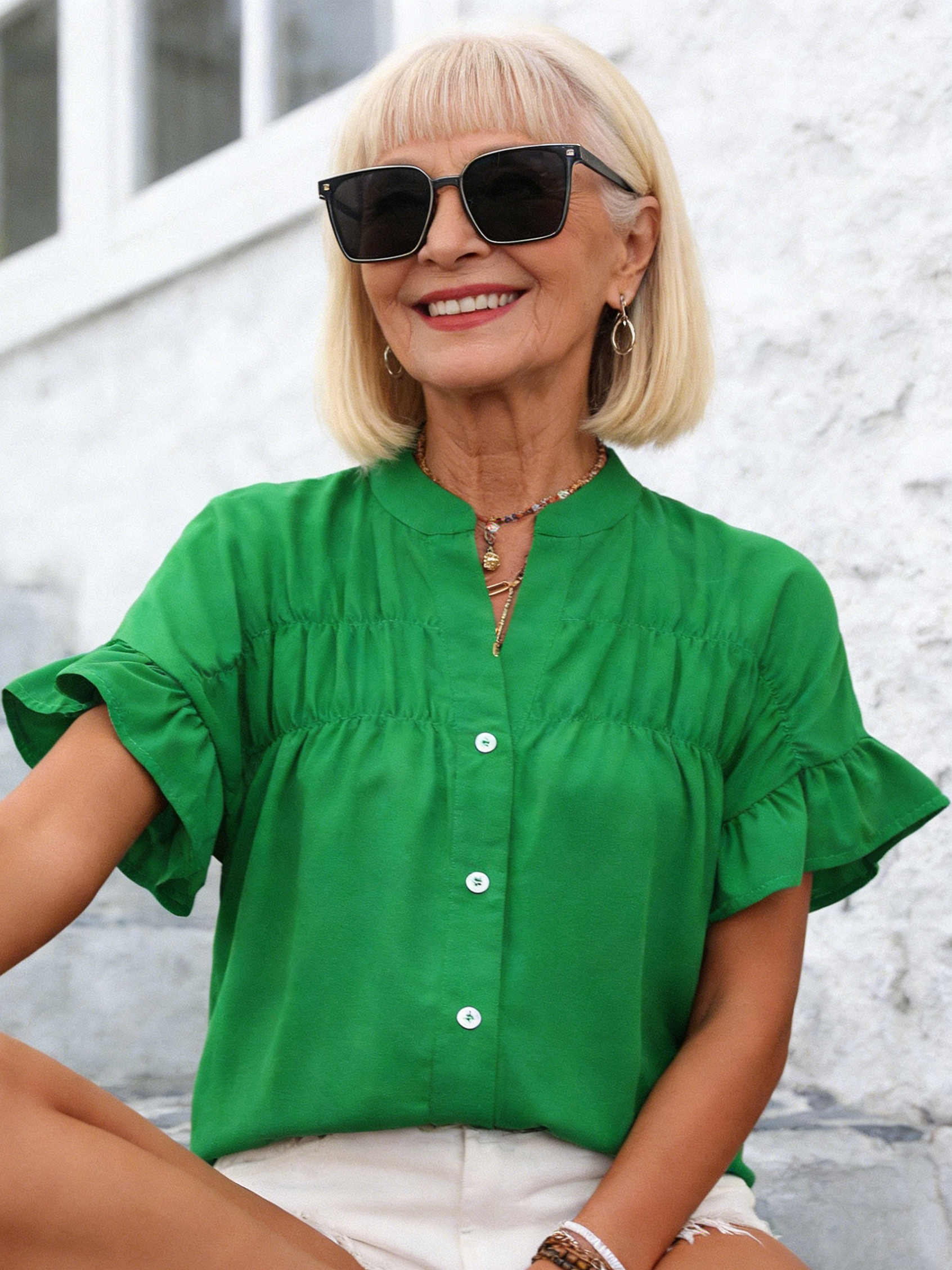 Short Sleeve Shrinkle Shirt Button Solid Color Cotton and Linen Stand-Up Collar Shirt