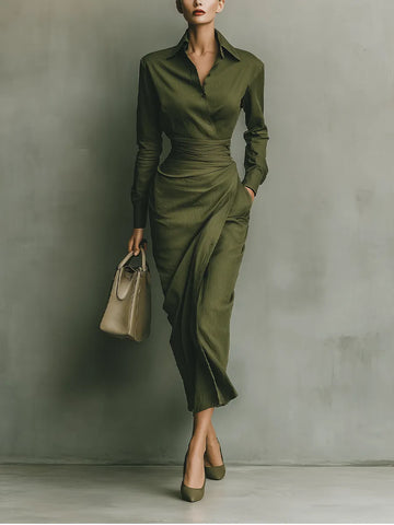 Women's Army Green Cotton Blended Maxi Dress MDA2281I8T