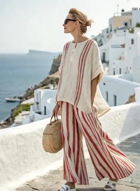 Women'S Loose Slit Contrast Striped Pants Set