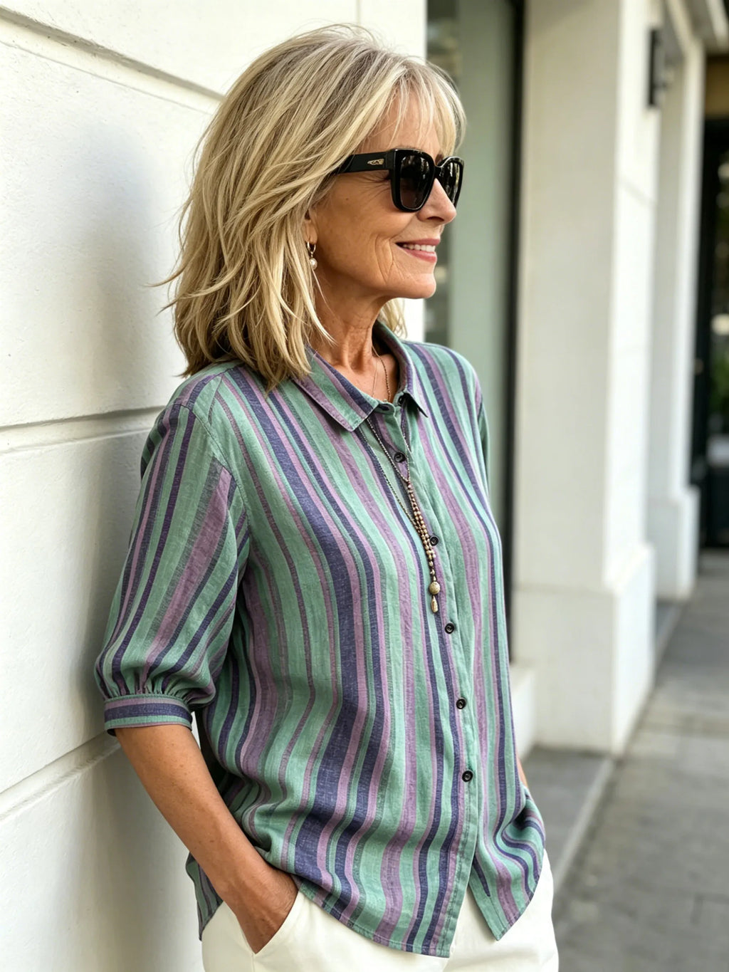 Contrasting Striped Shirt Lapel Single-breasted Medium Sleeve Top Women's Shirt