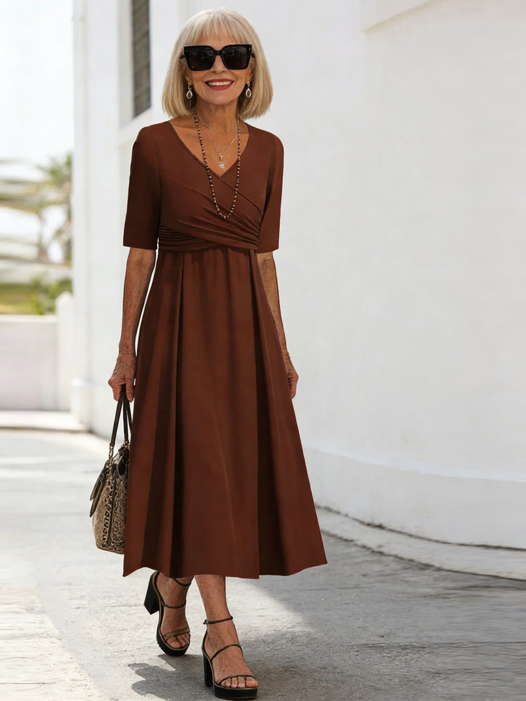 Fashion Solid Color Cross V-Neck Short Sleeve Personality Dress Women's Clothing