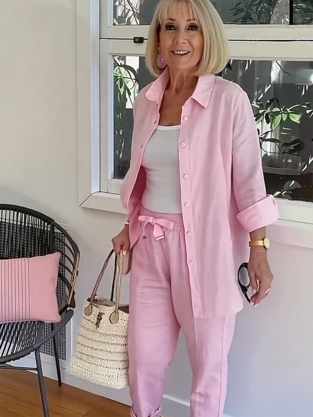 PINK LINEN SUITS Minimalist Two-piece Shirt Pants Set