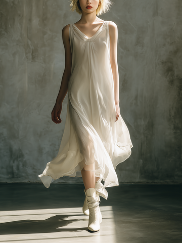 Women's Minimalist & Elegant Casual Off-White Chiffon Layered Sleeveless Midi Dress MDZ2799D6ZJW