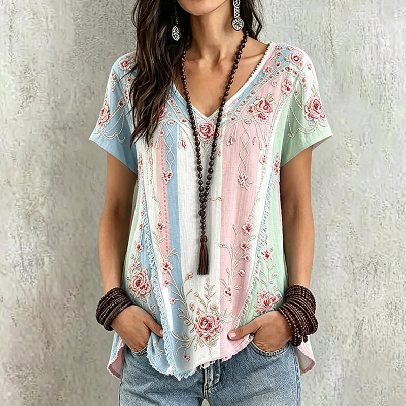 Women's Retro Pink Floral Patchwork Casual Linen Blend T-shirt