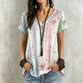 Women's Retro Pink Floral Patchwork Casual Linen Blend T-shirt