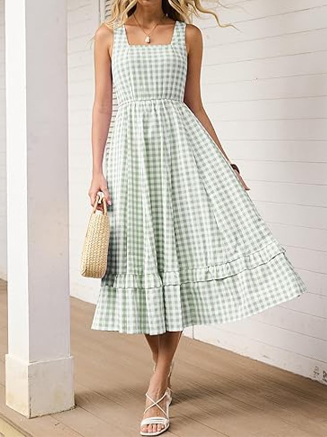 Women's Casual Square Neck Plaid Vacation Camisole Dress