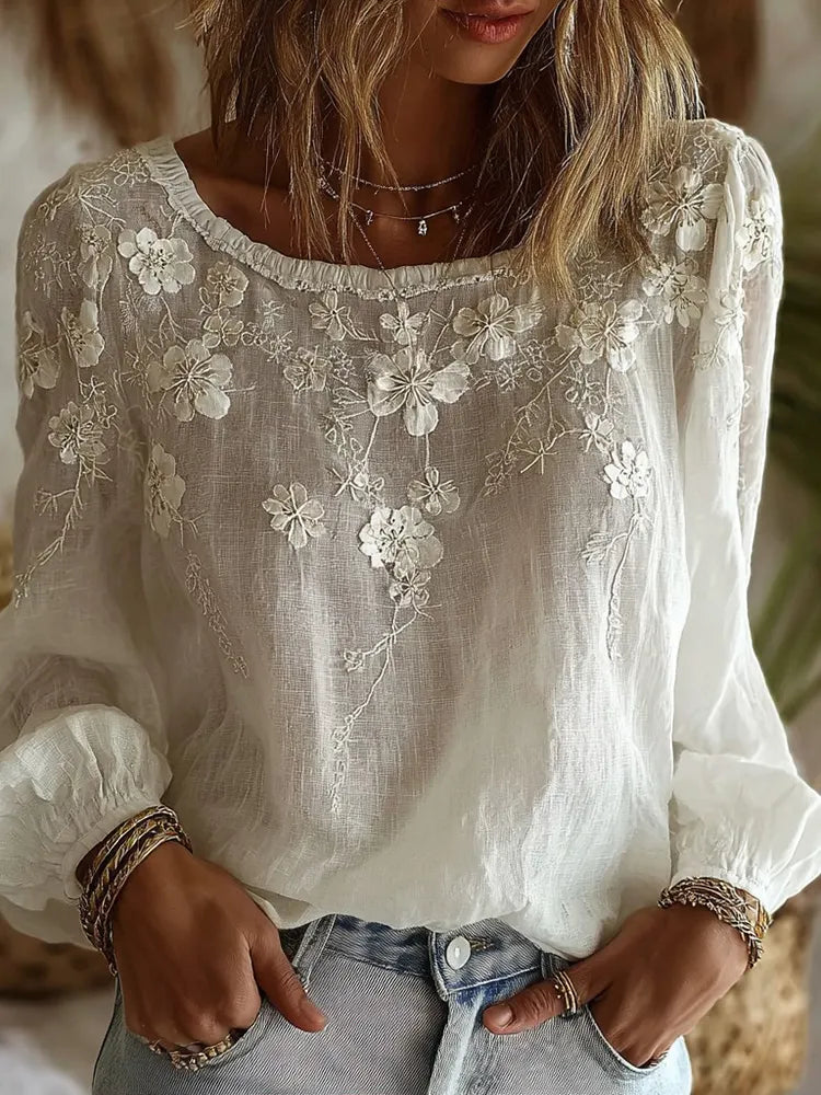 Women's Vintage Floral Art Crew Neck Linen Blend T-shirt