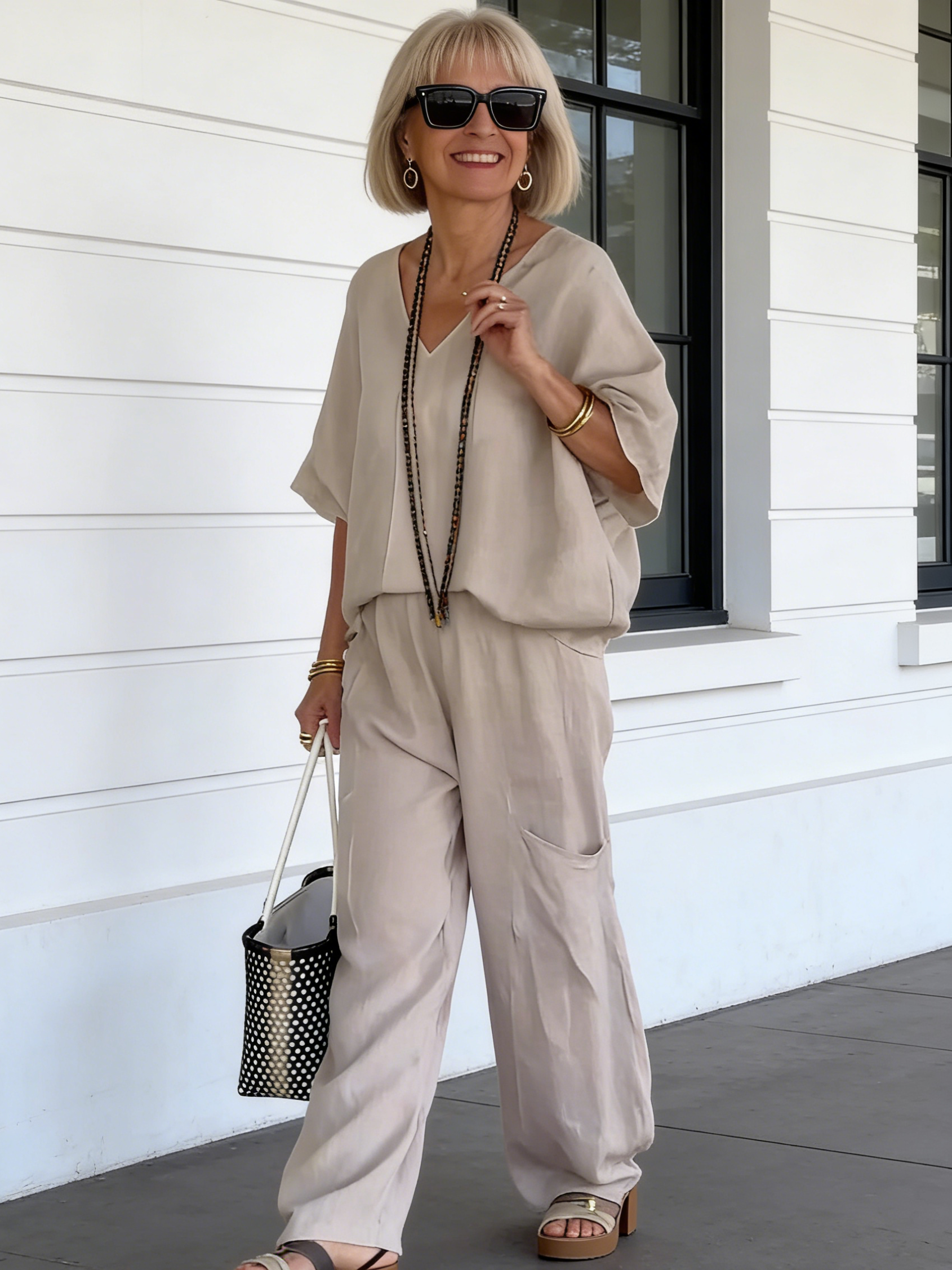 2Pcs Casual V-neck Loose Pocket Medium Sleeve Cotton and Linen Set