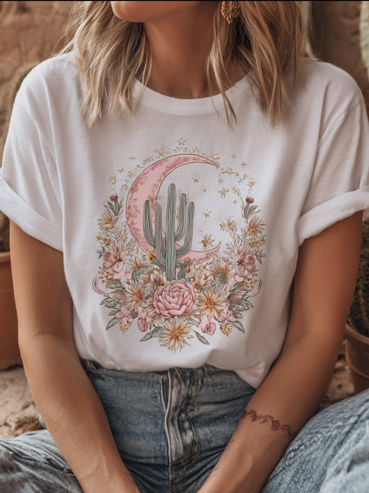 Women's Breast Cancer Health Plant Flower Bohemian Style Printed T-shirt