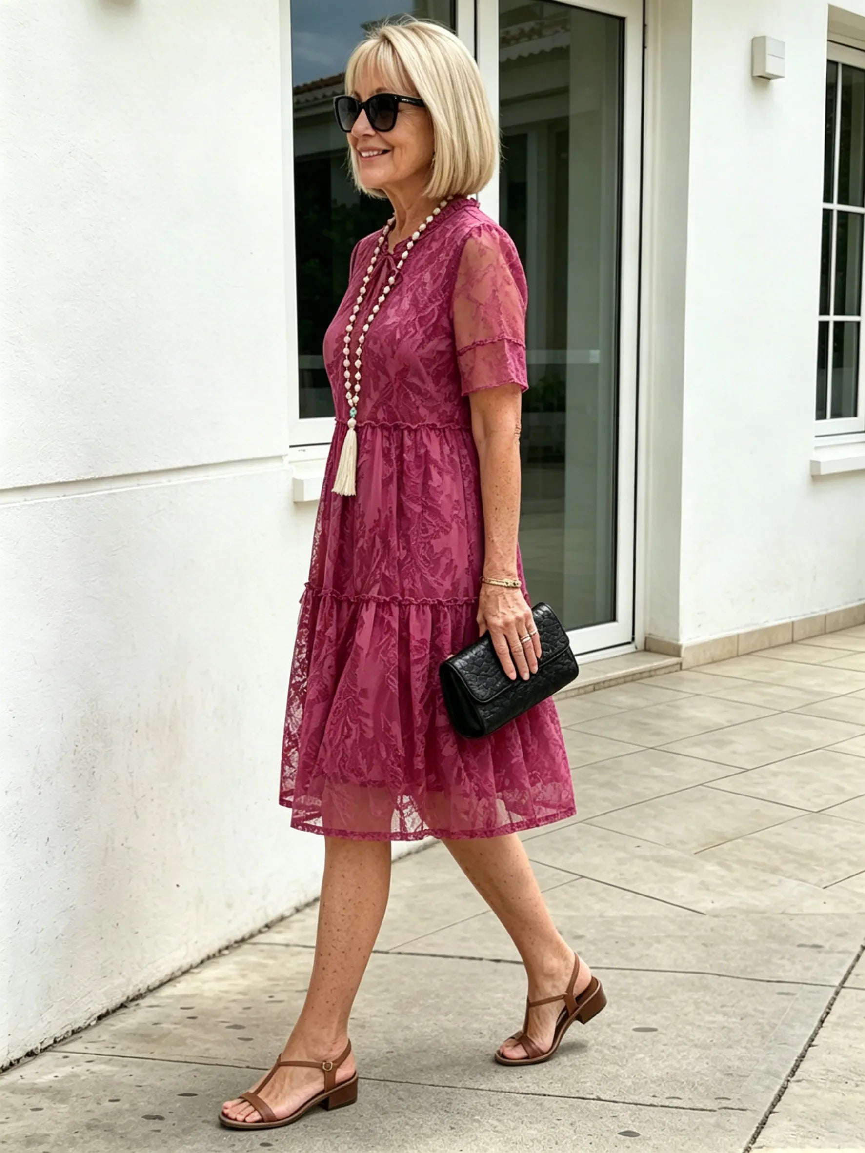 Floral Mesh Dress Large Size Loose and Thin Short Sleeves Fat Girl Middle-aged and Elderly Mother Skirt