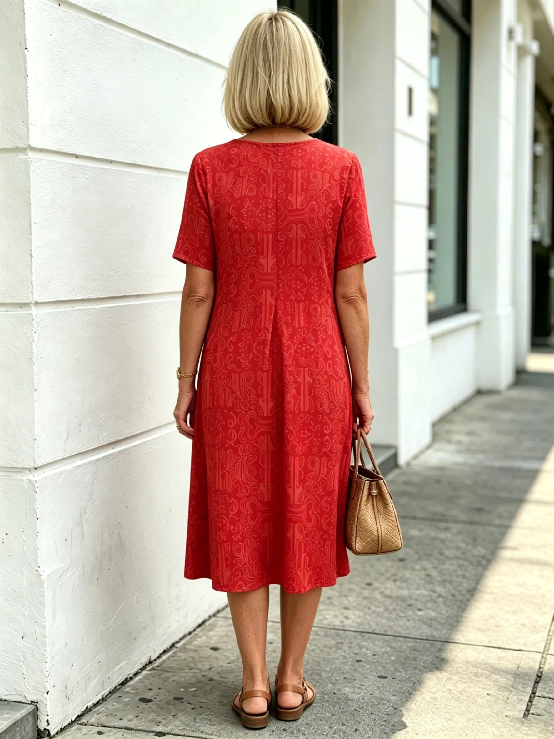 Blue Paisley Print Loose Midi Dress, Round Neck Short Sleeve Tummy Concealing Slimming Temperament Dress for Mature Women