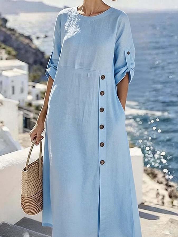Women'S Casual Solid Color Button-Down Dress With Side Slit