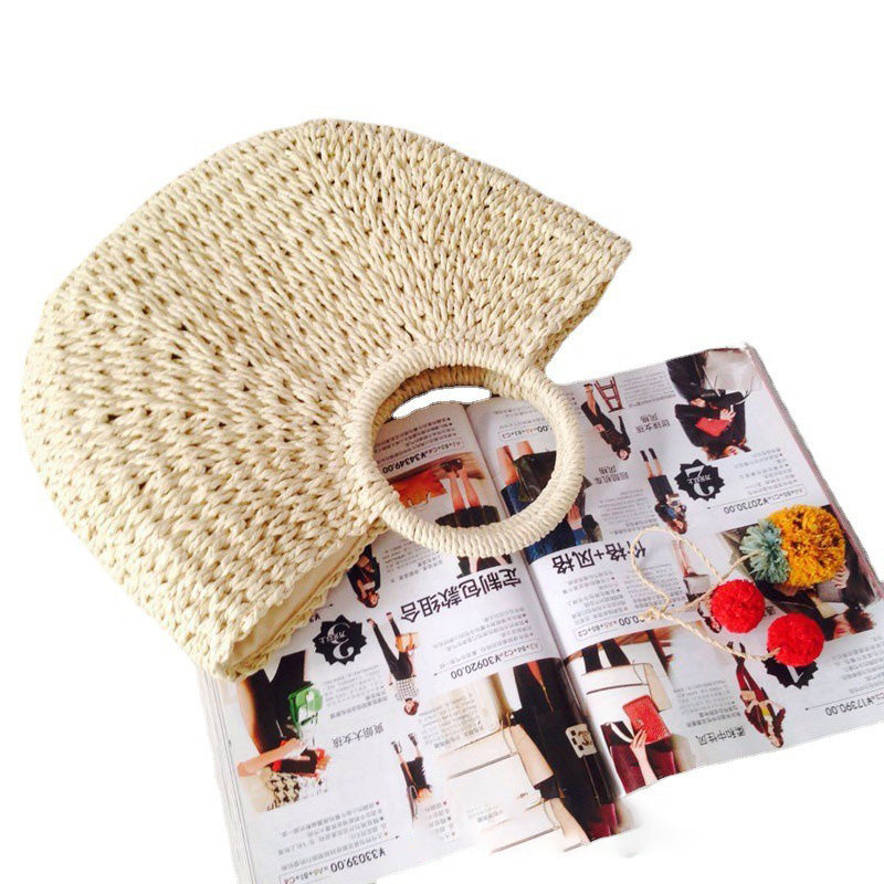 Straw Bag Versatile Women's Bag Casual Round Bucket Woven Straw Bag Vacation Beach Bag