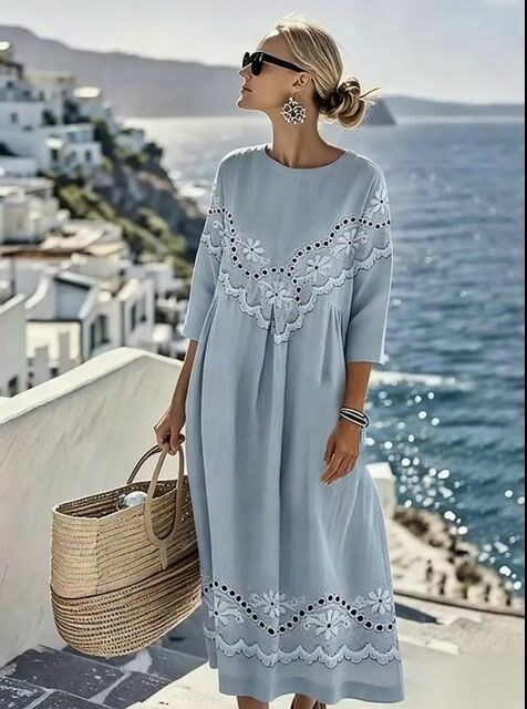 Women'S Casual Color-Block Cotton And Linen Dress