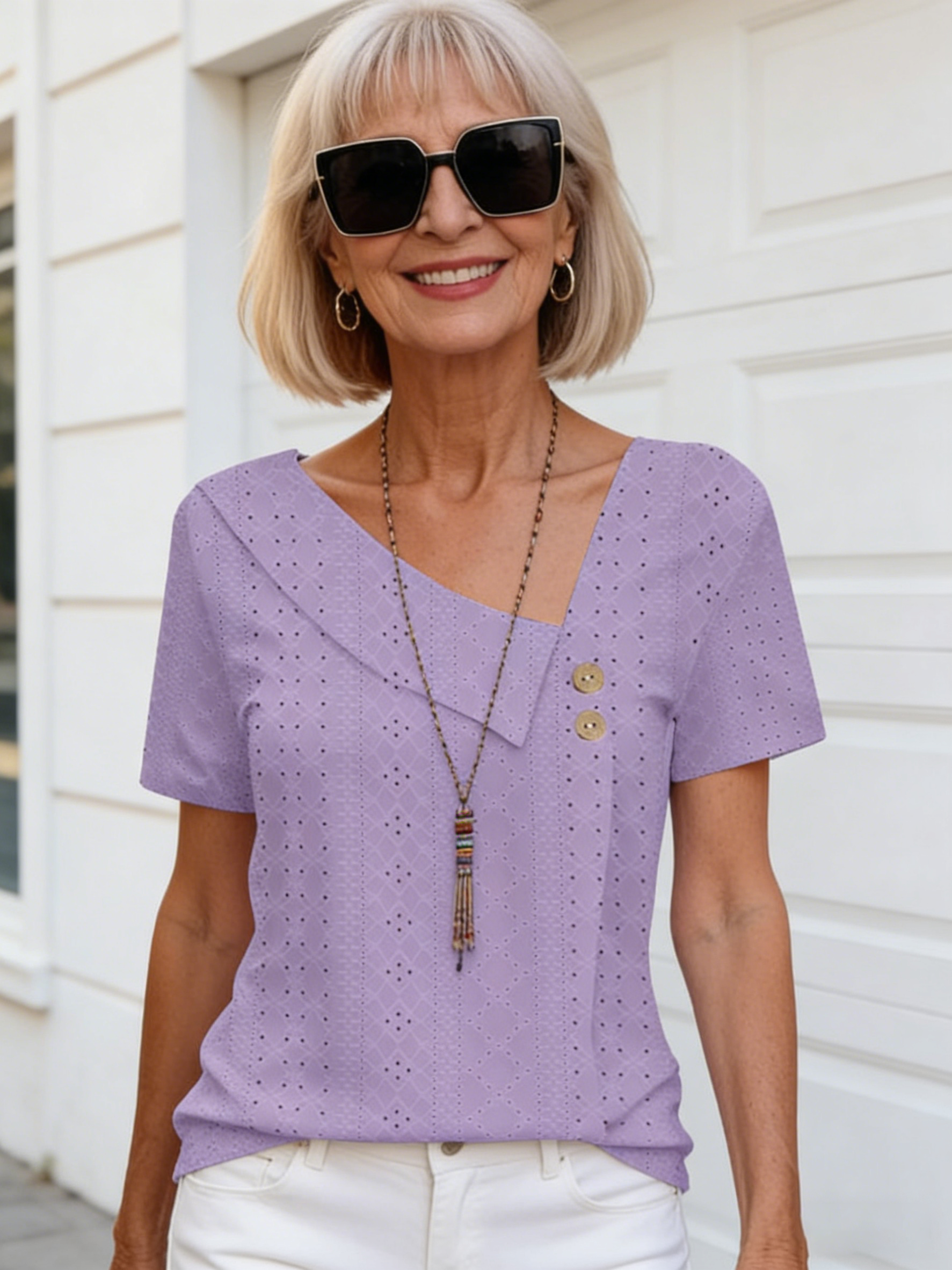 Textured Fabric Collar Button Solid Color Hollow Short Sleeve Women's Top T-Shirt Short