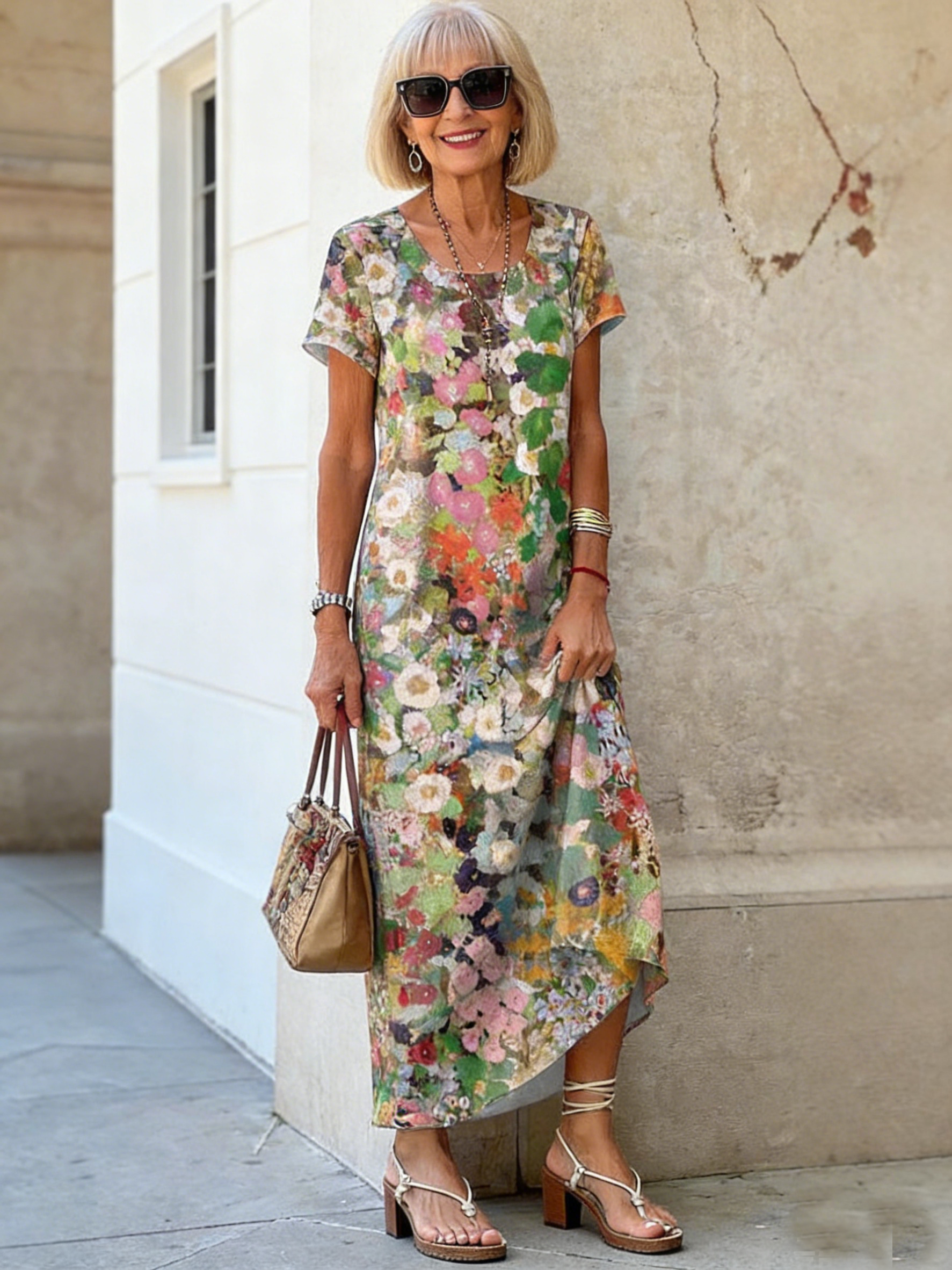 Long Dress Crew Neck Short Sleeve Plant Floral Print Dress