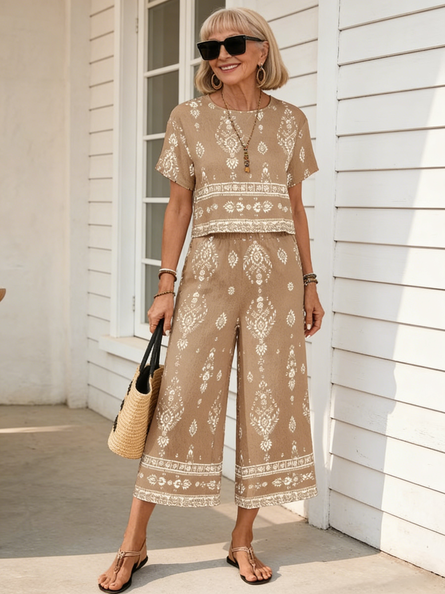 2Pcs Contrasting Color Ethnic Pattern Printed Short-sleeved Top + Straight Pants Set