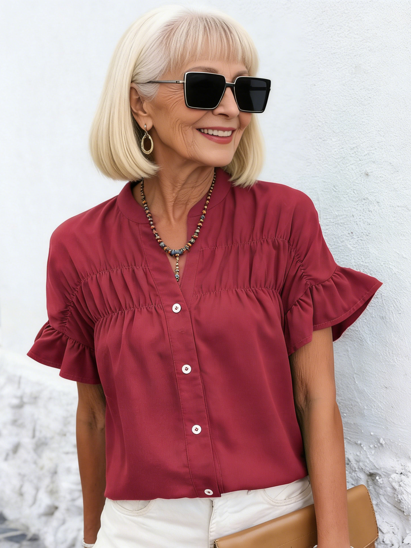 Short Sleeve Shrinkle Shirt Button Solid Color Cotton and Linen Stand-Up Collar Shirt