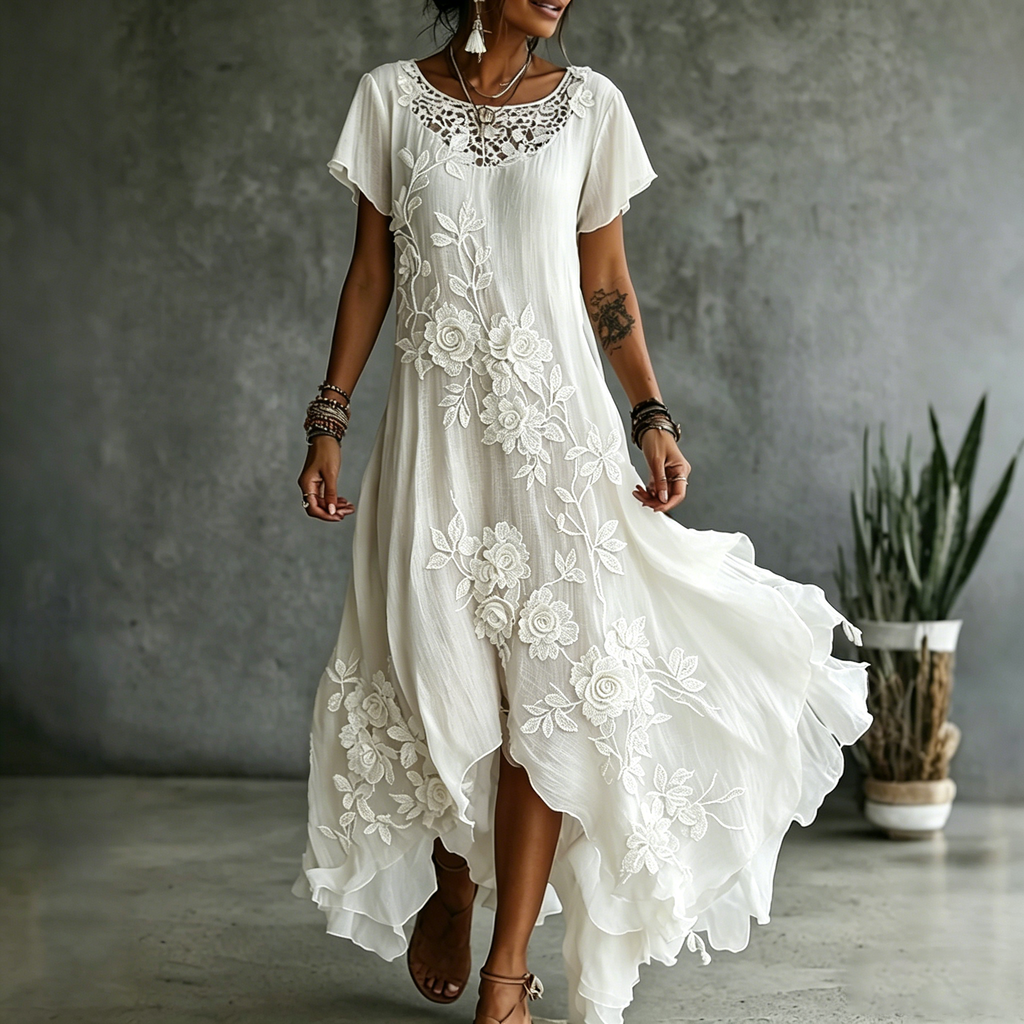 Vintage White Rose Floral Art V Neck Linen Maxi Dress