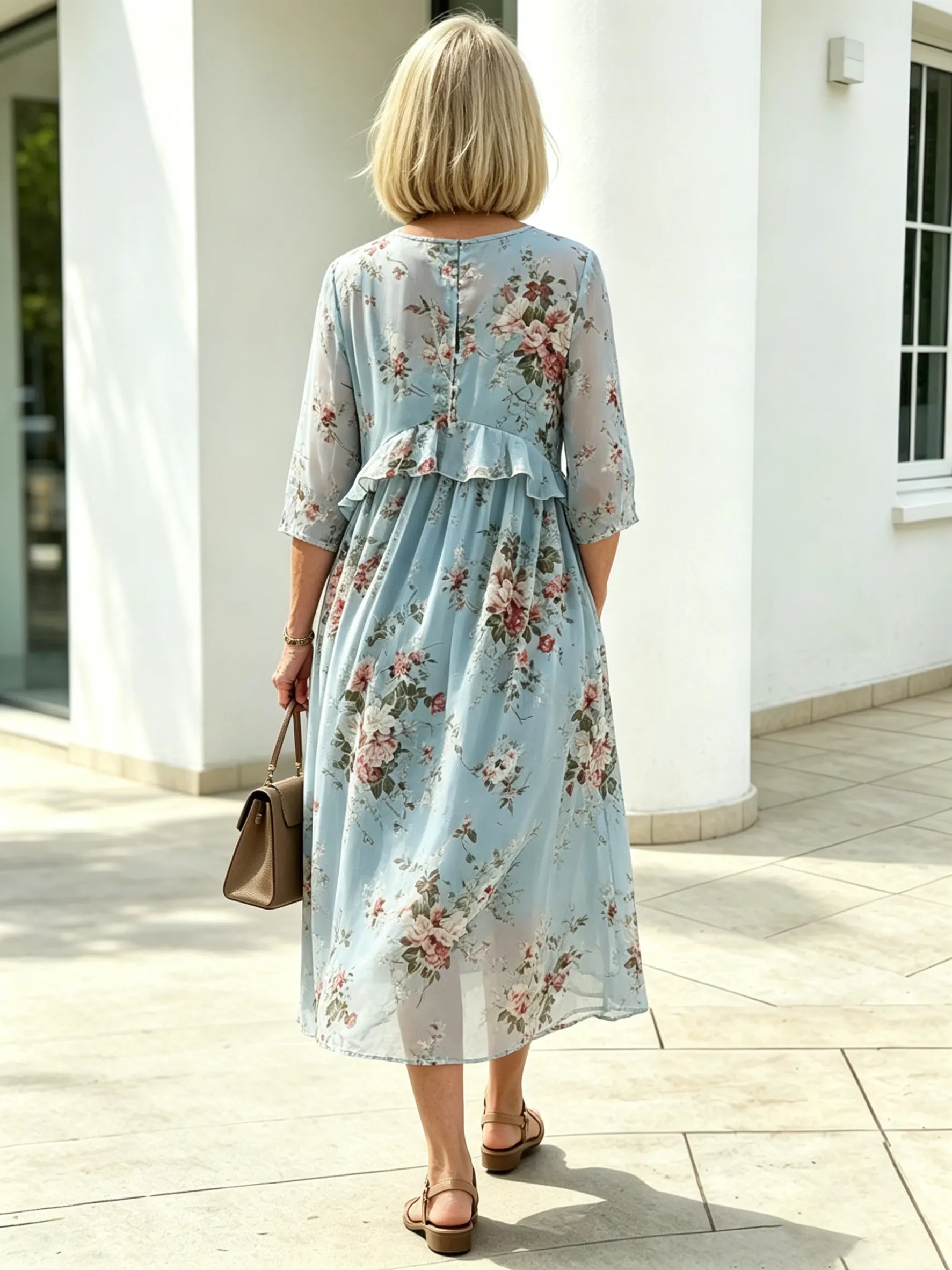 Blush Pink Floral Chiffon Maxi Dress, Round Neck Short Sleeve Loose Tummy Concealing Age-Reducing Dress for Mature Women