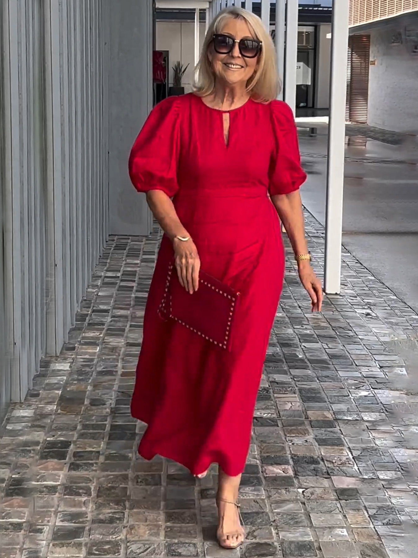 Evening Dress Formal Dress Solid Color Loose-Fitting Casual Round-Neck Small Lantern Sleeves