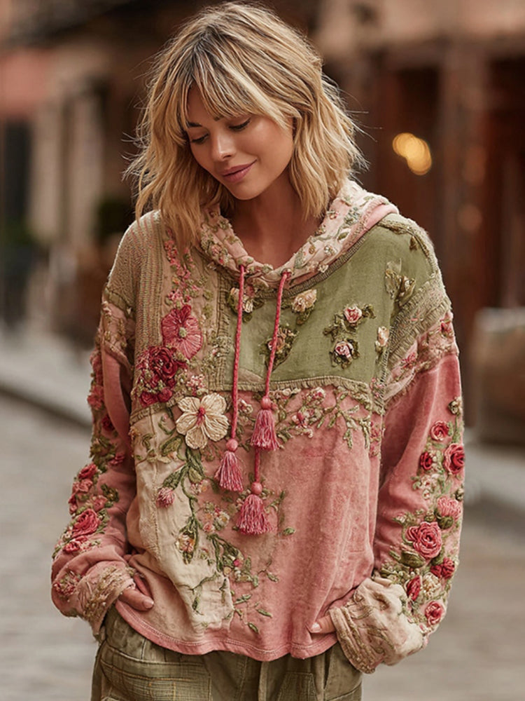Women's Floral Embroidery Color Block Boho Casual Hooded Sweatshirt