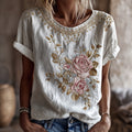 Elegant Pink Rose Embroidery Art Linen Blend Round Neck Short Sleeve Top