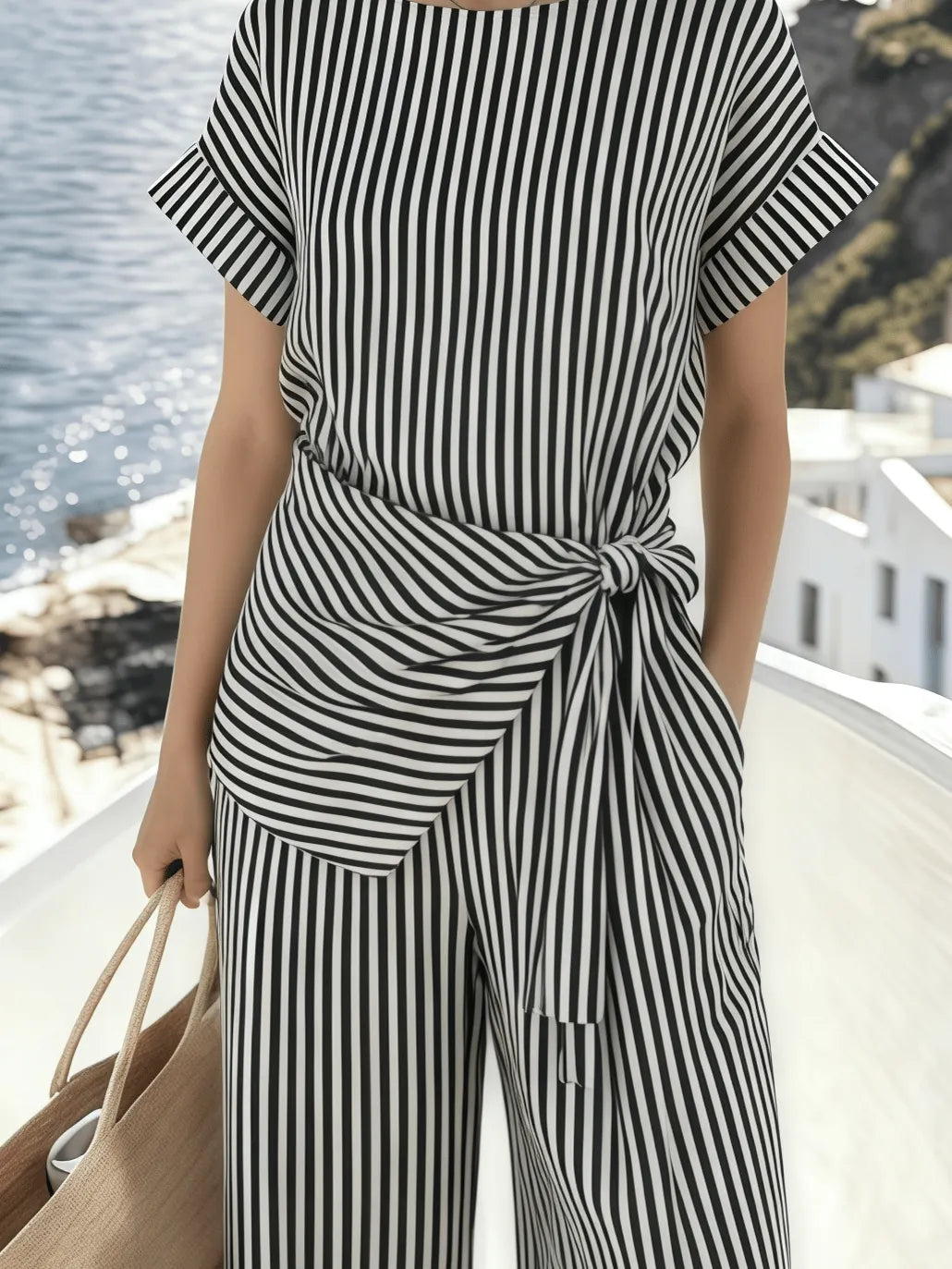 Women's Round-Neck Striped Jumpsuit