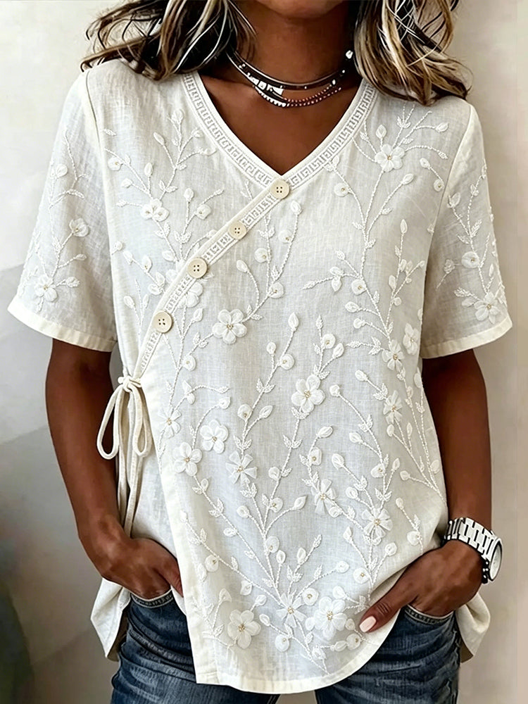 Women's Casual Floral Art Wrap Tie Waist Blouse