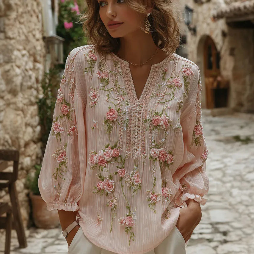 Women's Floral Art Embroidery Cotton Linen V-neck T-shirt