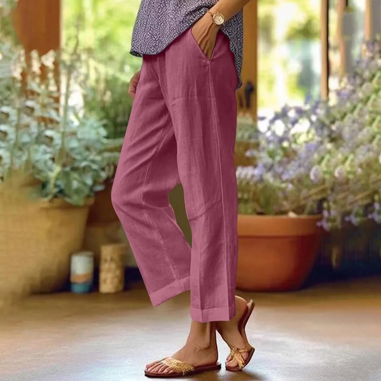 Cotton and Linen Loose Solid Color Elastic Waist Pocket Straight Casual Pants