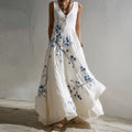 Women's Retro Japanese Plum Blossom Embroidery Comfortable V-neck Linen Long Dress