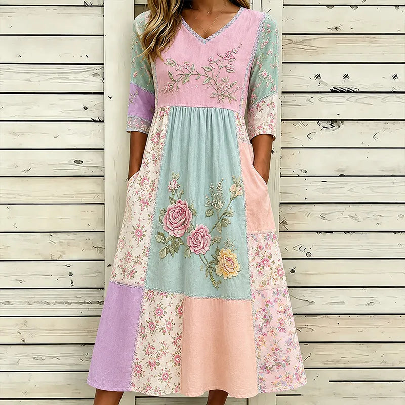 Women's Vintage Flower Embroidery Patchwork Art Linen Casual Dress