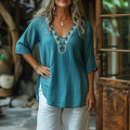 Retro Loose Comfortable And Breathable Ethnic Style Linen V-neck Short-sleeved Top