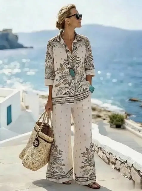 Women'S Casual Printed Cotton And Linen Two-Piece Set