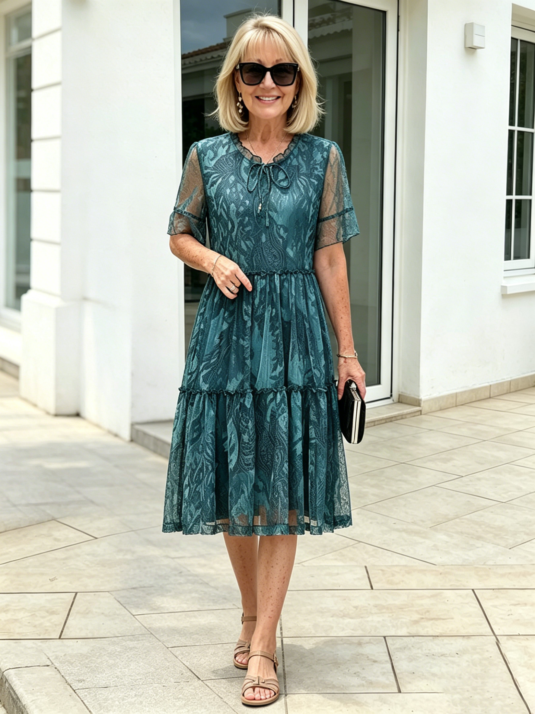 Floral Mesh Dress Large Size Loose and Thin Short Sleeves Fat Girl Middle-aged and Elderly Mother Skirt