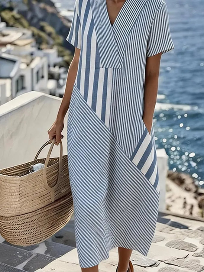 Women's Casual V-Neck Striped Loose Dress