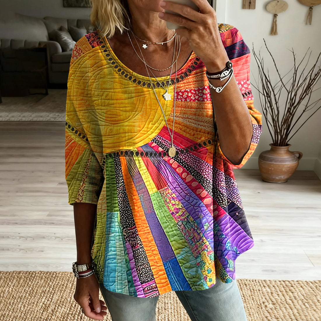 Women's Vintage Colorful Sun Collage Art Print Flowy Linen Blend Casual Tops
