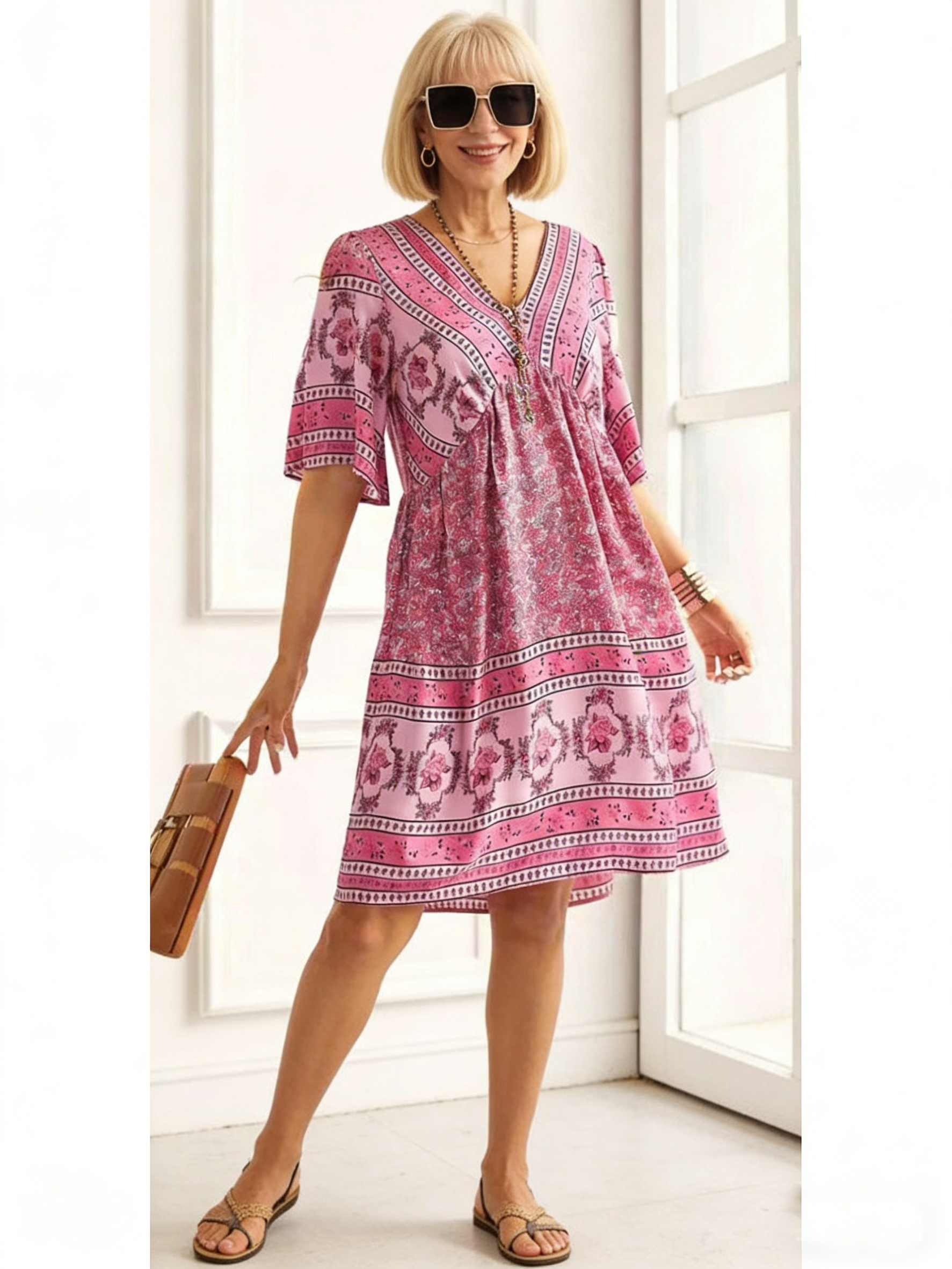 Vacation Deep V Print Casual Ethnic Style Dress